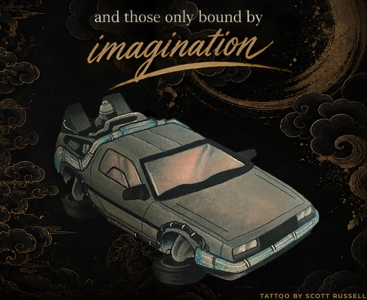 Tattoo of the Back to the Future DeLorean done in a stylized illustrative style, designed by Scott Russell at House of Wolves Tattoo, Geelong