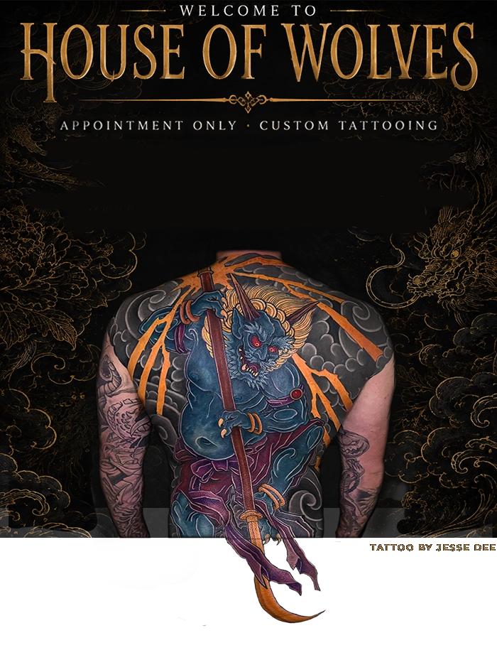 Full-colour Japanese Irezumi back tattoo depicting Raijin, 
            the Japanese god of thunder, surrounded by traditional clouds and
            lightning, designed by Jesse Dee at House of Wolves Tattoo, Geelong