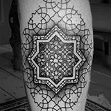 Geometric tattoo featuring a detailed eight-pointed Islamic star surrounded by intricate girih linework and dotwork shading, made by Mark Noel at House of Wolves Tattoo, Geelong